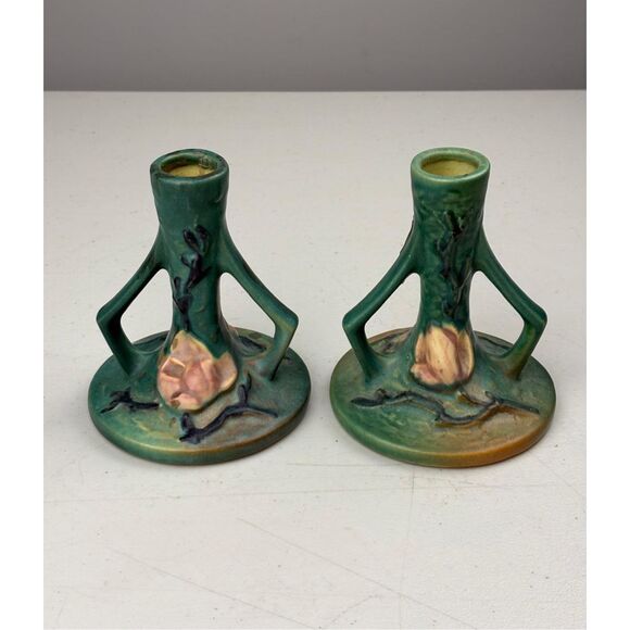 Antique Roseville Art Pottery 1157 Magnolia Pattern Candle Stick Holder Pair EW2 - Picture 7 of 8